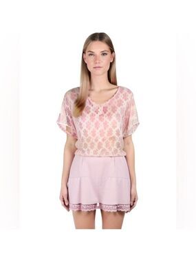 Castaways by Cromper Company Pink Floral Lace Crochet Tunic Top Swim Coverup NWT